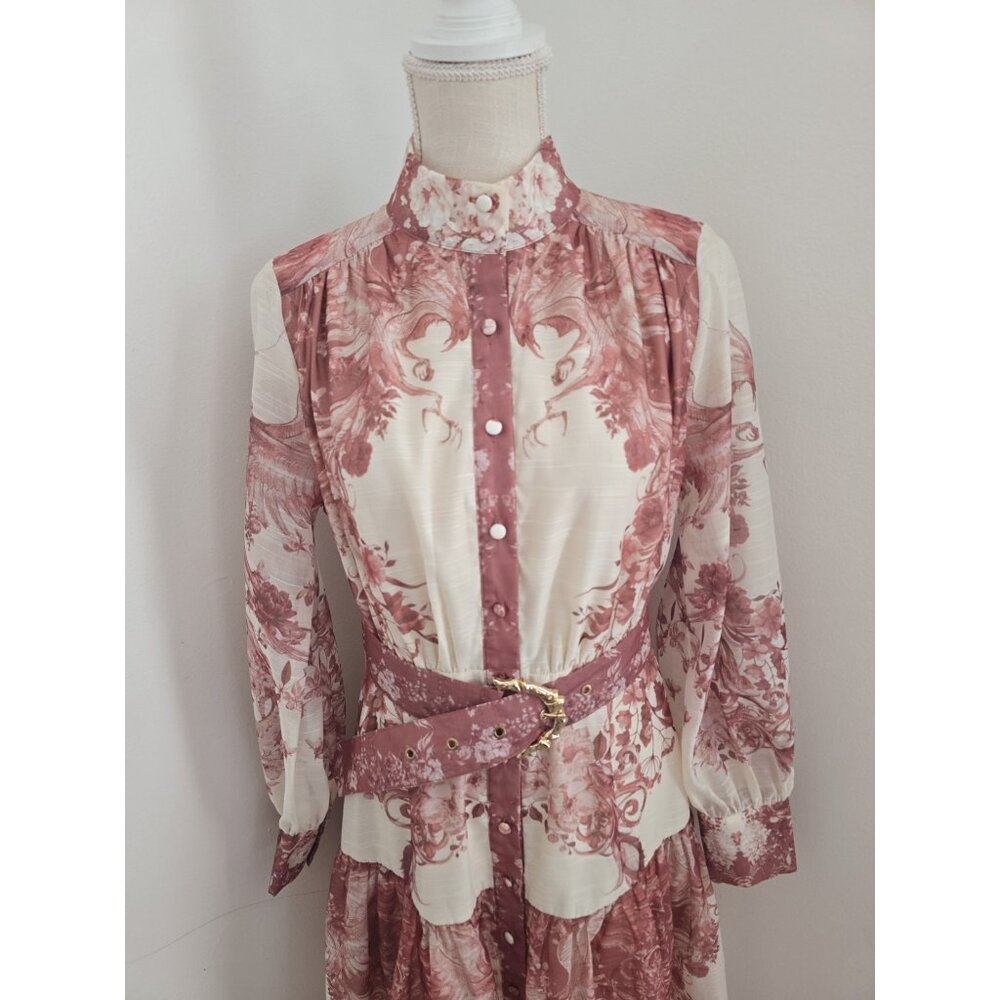 Floral Maxi Chinoiserie High Neck Belted Long Sleeves Mauve Pink Cream Dress M - Picture 2 of 12